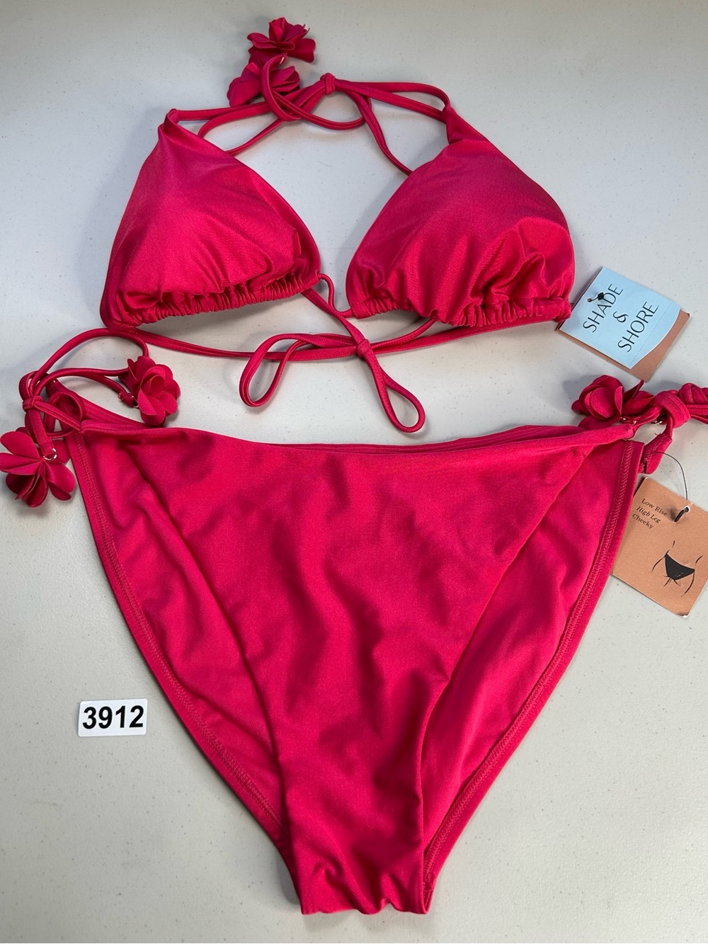 Shade & Shore Bikini Set Pink Large Triangle Halter Top XL Tie Side Bottom